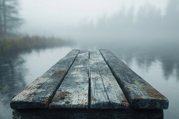 A weathered wooden dock extends into a serene, misty lake on a foggy morning, reflecting distant blurred trees and creating a mysterious, tranquil scene.