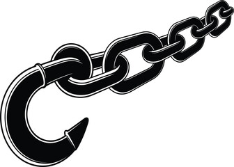 Obraz premium Heavy metal chain and lifting hook vector illustration, industrial black and white symbol, strong construction towing design graphic