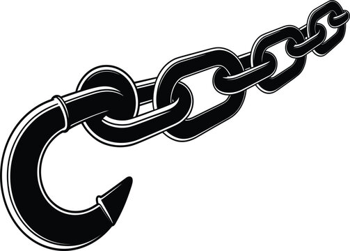 Heavy metal chain and lifting hook vector illustration, industrial black and white symbol, strong construction towing design graphic