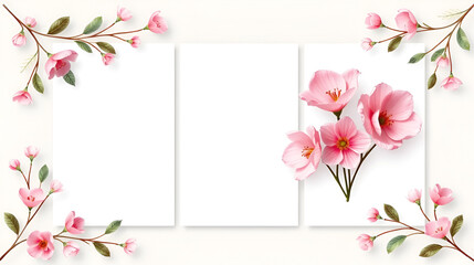 Pre made templates collection, frame - cards with pink flower bouquets, leaf branches. Wedding ornament concept. Floral poster, invite. Greeting card, invitation design background, birthday party.