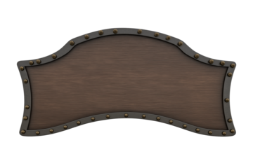 Medieval shield with wooden center and metal border on transparent background