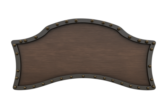 Medieval shield with wooden center and metal border on transparent background
