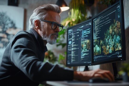 A focused, bearded man with glasses intently works on dual monitors displaying complex code and data visualizations in a modern workspace. - Powered by Adobe