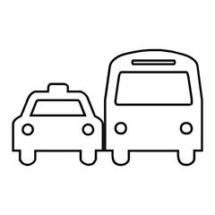 A simple line drawing showing a taxi car next to a bus on a white background vector illustration