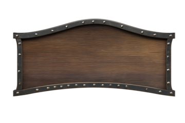 Rectangular wooden panel with natural wood grain in dark metal frame with rivets, isolated on transparent background