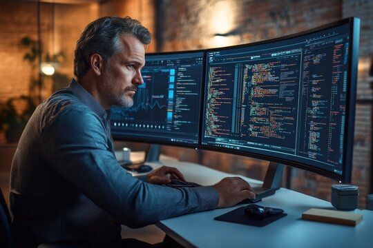 Experienced developer intensely codes and analyzes data on dual curved monitors, optimizing software and solutions in a modern, focused work environment.
