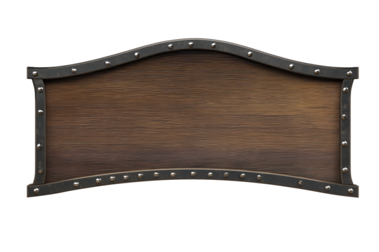 Rectangular wooden panel with natural wood grain in dark metal frame with rivets, isolated on transparent background - Powered by Adobe