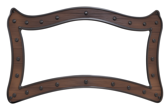 Intricate wooden frame with wavy edges and rivets on transparent background