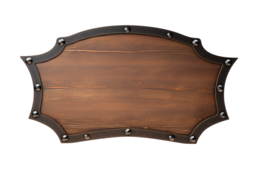 Rustic wooden signboard with dark metallic frame on transparent background