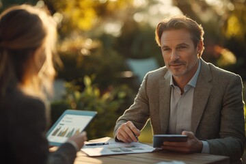 Two professionals discuss business analytics outdoors, leveraging tablets and documents in a sunlit, focused yet relaxed environment.