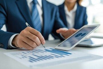 Business professionals analyze financial reports and digital data, collaborating on strategy with documents and a tablet displaying charts.