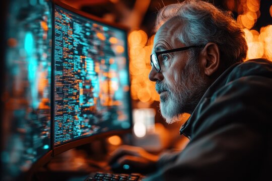 An older man, likely a developer or hacker, deeply focused on lines of complex code glowing on his computer screen.