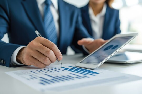 Business professionals analyze financial reports and digital data, collaborating on strategy with documents and a tablet displaying charts. - Powered by Adobe