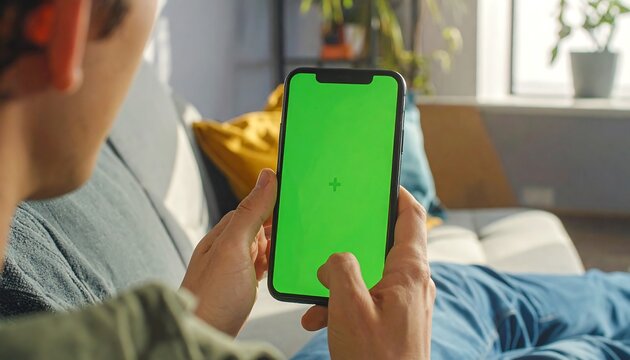 Person using a mobile phone with a green screen while relaxing on a sofa.