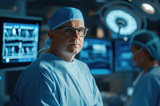 Serious male surgeon in blue scrubs and glasses, amidst operating room technology, with blurred medical staff and screens in the background.