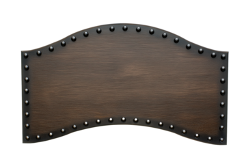 Rectangular wooden panel with dark brown finish and metal rivets on transparent background