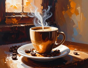 A warm, stylized painting of coffee. A steaming brown cup sits on a white saucer with coffee beans nearby. Sunlight streams