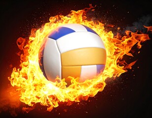 A volleyball engulfed in flames against a black background. The ball appears central with blue, white, and tan panels