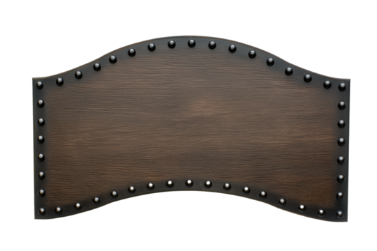 Rectangular wooden panel with dark brown finish and metal rivets on transparent background