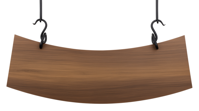 Curved wooden sign with black metal hooks on transparent background