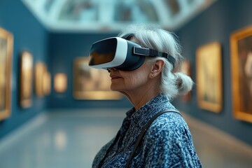 An elderly woman uses a VR headset in a museum, exploring art virtually and blending technology with cultural heritage in an immersive experience.