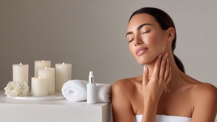 Young woman applying skincare product to her face, eyes closed. She has a serene expression a candles spa setting with