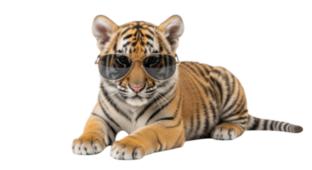 Cool tiger cub wearing sunglasses isolated PNG with Transparent Background