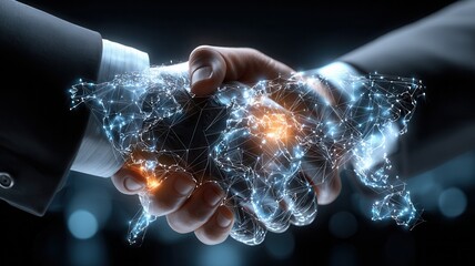 Two hands shaking, forming a digital world map a network of glowing lines, partnership and global technology representing