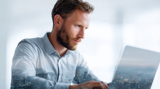 Man focusing on laptop with a digital overlay, representing data, artificial global connection intelligence,