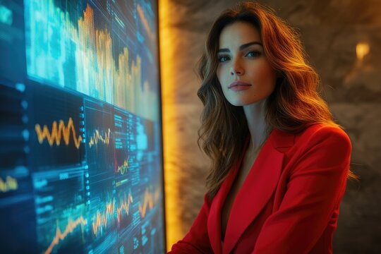 A professional woman in a red blazer stands next to a large digital screen displaying various financial market charts and complex data for business analysis.