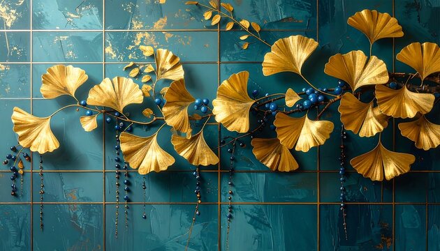 An abstract wall art piece with golden, stylized leaves, blue berries, and a teal tiled background. The leaves are metal