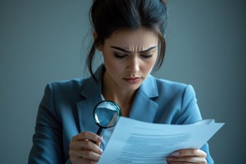 A focused businesswoman intently scrutinizes a document with a magnifying glass, displaying a concerned expression while analyzing important details.