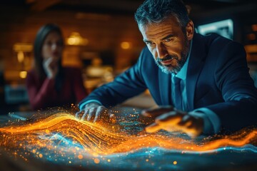 Man in suit interacting with a vibrant, holographic data visualization, depicting complex information streams and technological innovation.