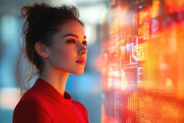 A woman in a red top gazes thoughtfully at a futuristic, glowing data interface displaying complex graphs and digital information, bathed in warm light.