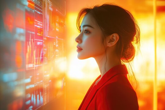 A focused woman in red analyzes complex digital data, charts, and graphs on a futuristic, glowing holographic screen, bathed in warm light.