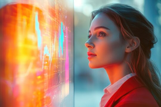 A focused young woman intently observes vibrant, abstract data visualizations and graphs on a glowing screen, immersed in digital information.