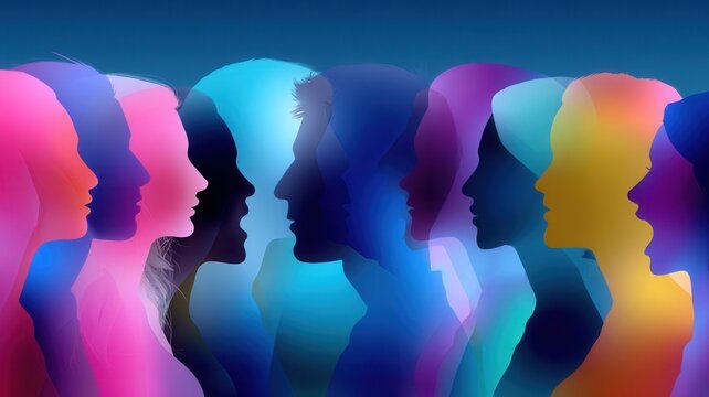 Overlapping profiles of men and women create an abstract representation of diverse individuals collaborating communicating, and connecting,