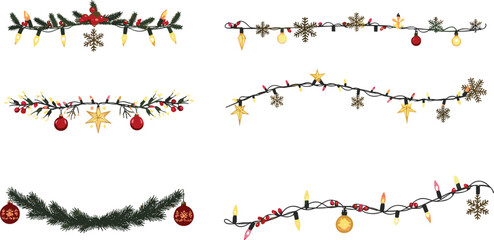 Christmas lights garlands with pine branches red berries and snowflakes vector