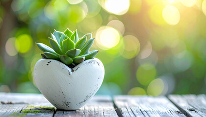 Cute succulent plant in heart-shaped ceramic pot, greenery with bokeh effect, peaceful gardening