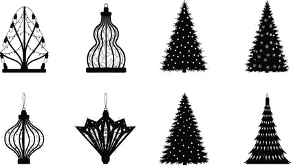Collection of black silhouette Christmas trees and ornaments with decorative lights and patterns