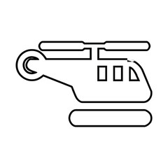 A simple line drawing of a helicopter with rotor blades and landing skids isolated on white background