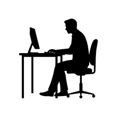 Solid black vector silhouette of a business person sitting at an office desk and working on a computer. Minimal and clean design perfect for illustrating work, technology, productivity, and IT concept