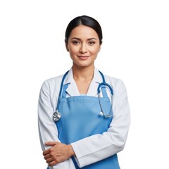 Female doctor wearing blue apron and stethoscope isolated on white background