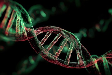 Dark artistic DNA double helix in green and red shades on black, featuring translucent layers creating strong light-shadow contrast. Realistic close-up low-angle perspective for biotechnology concepts