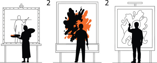 Artists painting canvas, abstract art, realistic figure, creative expression, brush strokes, studio scene, modern artwork, visual diversity, inspiration, talent