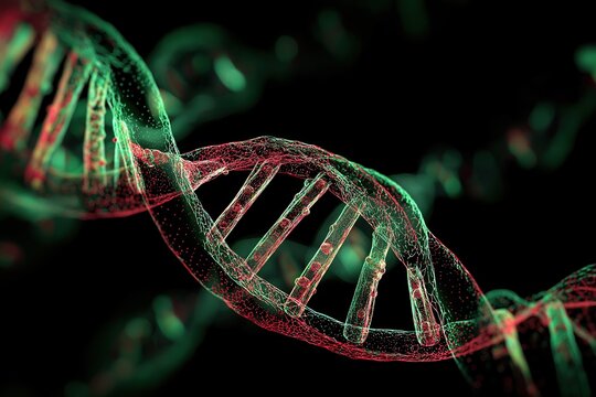 Dark artistic DNA double helix in green and red shades on black, featuring translucent layers creating strong light-shadow contrast. Realistic close-up low-angle perspective for biotechnology concepts