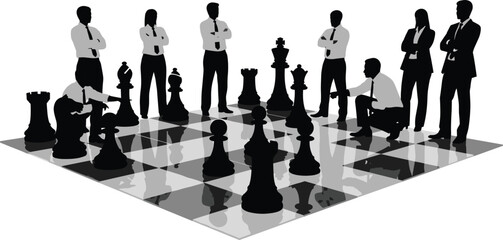 Business leaders strategizing on giant chessboard, corporate decision-making, team planning, competitive tactics, executive foresight, strategic meeting, leadership strategy, and growth
