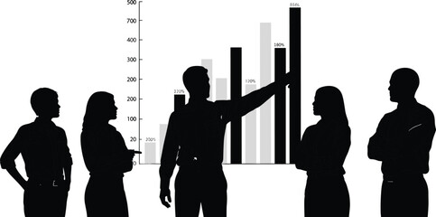 Business manager pointing at financial growth graph during team meeting, silhouette vector illustration of sales analysis and profit strategy.