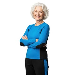 Elderly woman in blue athletic wear isolated on white background
