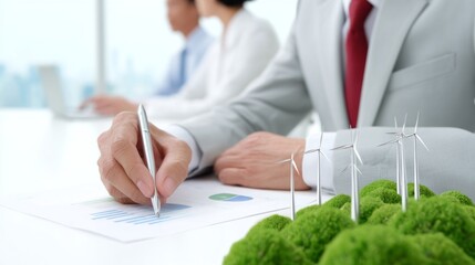 In a sleek urban office, business experts discuss sustainable innovations. Dynamic graphs and green models capture their focus as they seek eco-friendly strategies for future growth
